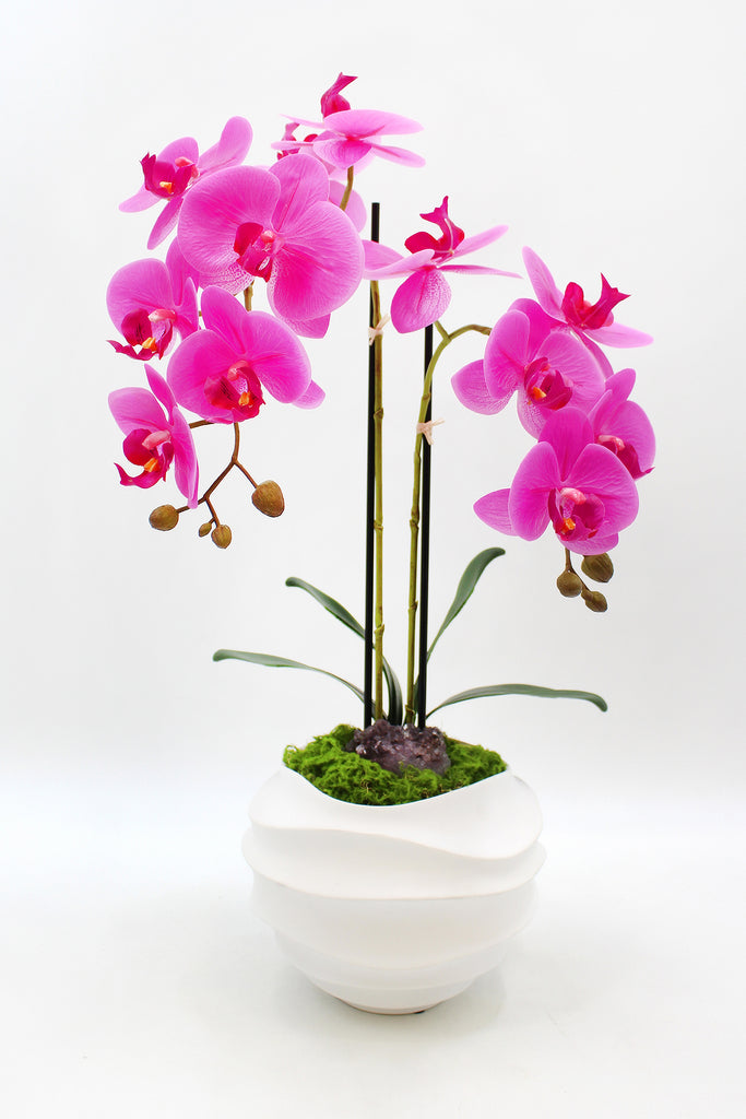 Fake purple orchid flower arrangement| Amethyst Faux Floral Arrangement | 23” tall floral arrangement | Purple orchids in white Vase.